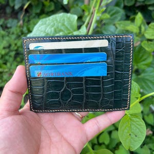 Tarjetero de piel de cocodrilo auténtica VERDE con clip para billetes, tarjetero minimalista de piel con 10 ranuras, tarjetero