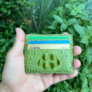 Tarjetero de piel de cocodrilo auténtica VERDE con clip para billetes, tarjetero minimalista de piel con ranuras para tarjetas y 6 ranuras.