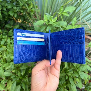 Portefeuille à deux volets en cuir d'alliigatoor véritable BLEU