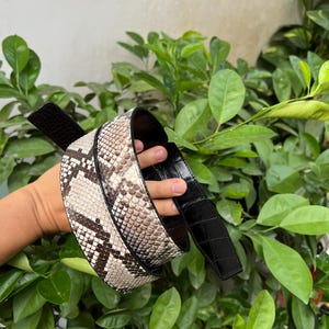 May include: A brown and black leather belt with a snakeskin pattern. The belt is folded in half and held in a hand.