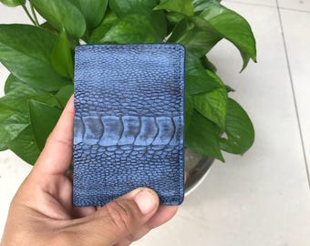 BLUE NAVY Genuine Ostrich Leather Credit Card Holder/ Minimalist Business Card Holder CardCase/ Gift's for Dad/ Handmade Luxury Wallet Card