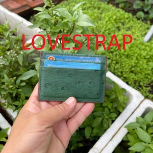 Porta carte di credito in vera pelle di struzzo VERDE/Porta biglietti da visita/Porta carte minimalista in pelle RFID Mini/Regalo per lui e lei