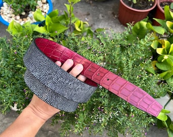 BLACK STINGRAY, BURGUNDY Genuine Alliigatoor Leather Skin Men's Belt Buckle/ Belt Use For H Buckle & Reversible Leather Strap 38mm/ All Size