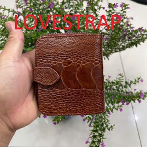 Billetera plegable de piel de avestruz auténtica marrón con cremallera y clip para billetes para mujer, billetera para mujer, regalo para ella, billetera con cremallera para mujer