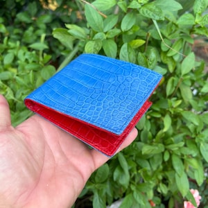BLAUE Echt Allliigatoor Leder Bifold Brieftasche Karte Geldklammer / Herren Brieftasche Karte / Geschenk für Papa / Rotes Leder Luxus Bifold Brieftasche für Männer