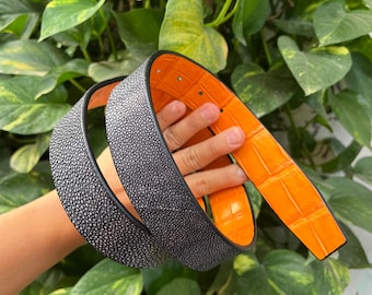 BLACK STINGRAY, ORANGE Genuine Alliigatoor Leather Skin Men's Belt Buckle/ Belt Use For Buckle & Reversible Leather Strap 38mm/ All Size
