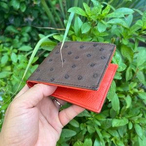 BROWN Echte Double Side Straußenleder Haut Bifold Brieftasche Geldscheinklammer, RED Echt Straußenleder Bifold Brieftasche Karte Luxus, Geschenke für Ihn