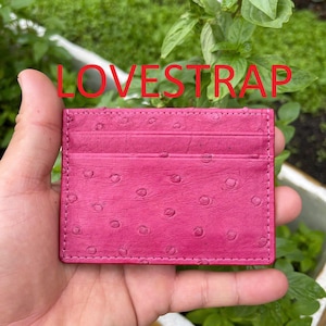 Tarjetero de piel de avestruz auténtica de color rosa/estuche para tarjetas de visita/tarjetero minimalista de piel con RIFD/regalo para mamá