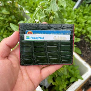 Cartera de piel de cocodrilo auténtica VERDE, tarjetero para 6 ranuras, tarjetero de visita, tarjetero minimalista de piel con ranura para efectivo