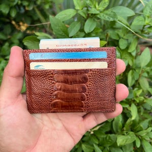 Tarjetero de piel de avestruz auténtica marrón/tarjetero de visita/billetera minimalista de piel con RIFD/regalo para él o para su padre.