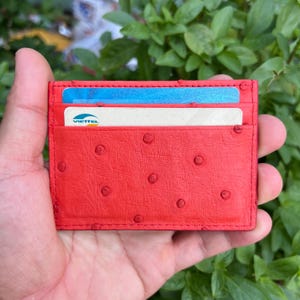 Cartera con tarjetero de piel de avestruz auténtica roja para hombre, tarjetero minimalista de piel con clip para billetes, tarjetero de 4 ranuras