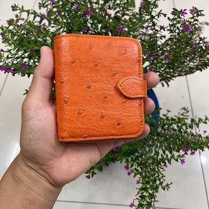 Billetera plegable de piel de avestruz auténtica naranja con cremallera y clip para billetes para mujer, billetera para mujer, regalo para ella, billetera con cremallera para mujer