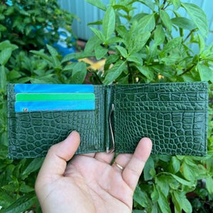 VERT Portefeuille à deux volets en cuir véritable Allliigatoor carte pince à billets/cadeau pour lui/Mini portefeuille à deux volets en cuir pour hommes Keeper Dollar