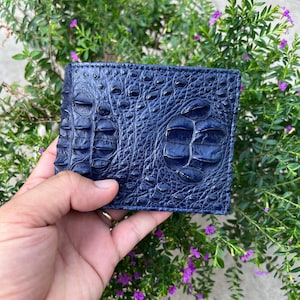Portafoglio bifold in vera pelle di alligatore BLU Hornback, fermasoldi, portamonete, regalo per lui, portafoglio bifold in pelle di lusso da uomo