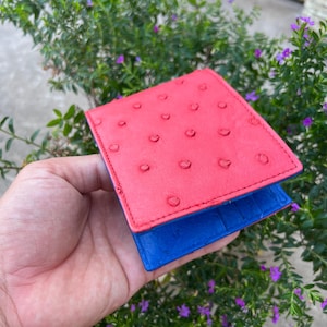 RED Echter Strauß Doppelseite Leder Haut Bifold Brieftasche Karte Geldklammer / Geschenk für Papa, Ihn / Blau Herren Luxus Leder Bifold Brieftasche