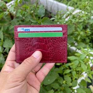 Tarjetero de piel de avestruz auténtica color burdeos, tarjetero de visita, tarjetero minimalista de piel con RIFD, regalo para él o para su esposa