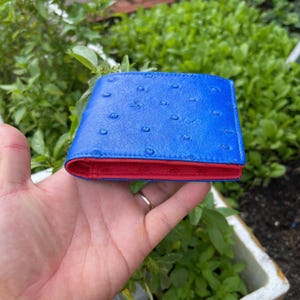 BLAUE Echte Doppelseite Straußenleder Haut Bifold Brieftasche Geldklammer, echte Straußenleder Bifold Brieftasche Karte Luxus, Geschenke für Ihn, Männer