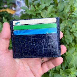 Tarjetero de piel de cocodrilo auténtica azul con clip para billetes, tarjetero, tarjetero minimalista de piel con ranuras para tarjetas y 6 ranuras.