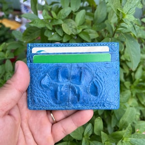 Tarjetero de piel de cocodrilo auténtica azul con clip para billetes, tarjetero, tarjetero minimalista de piel con ranuras para tarjetas y 4 ranuras.