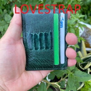 Porta carte di credito in vera pelle di struzzo VERDE/Porta biglietti da visita/Porta carte minimalista in pelle RFID/Regalo per lui, moglie