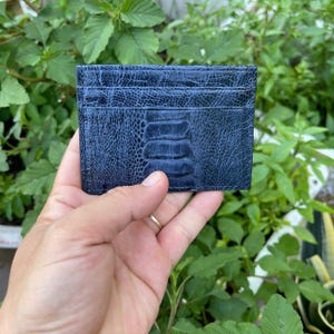 Tarjetero de piel de avestruz auténtica azul/estuche para tarjetas de visita/tarjetero minimalista de piel con RIFD/regalo para él y su esposa