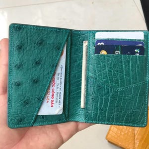 Tarjetero de piel de avestruz auténtica color gris y verde/ Tarjetero minimalista para tarjetas de visita/ Regalos para papá/ Billetera de lujo hecha a mano