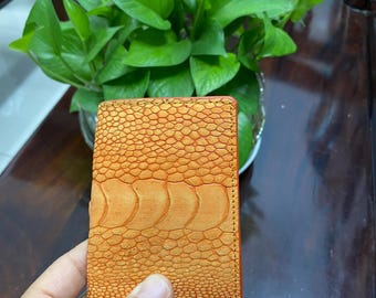Tarjetero de piel de avestruz auténtica color naranja/ Tarjetero minimalista para tarjetas de visita/ Regalo para papá/ Billetera de lujo hecha a mano