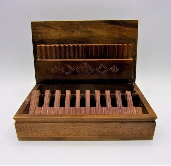 Carved Wood Cigarette Box, Holds 40 Cigarettes