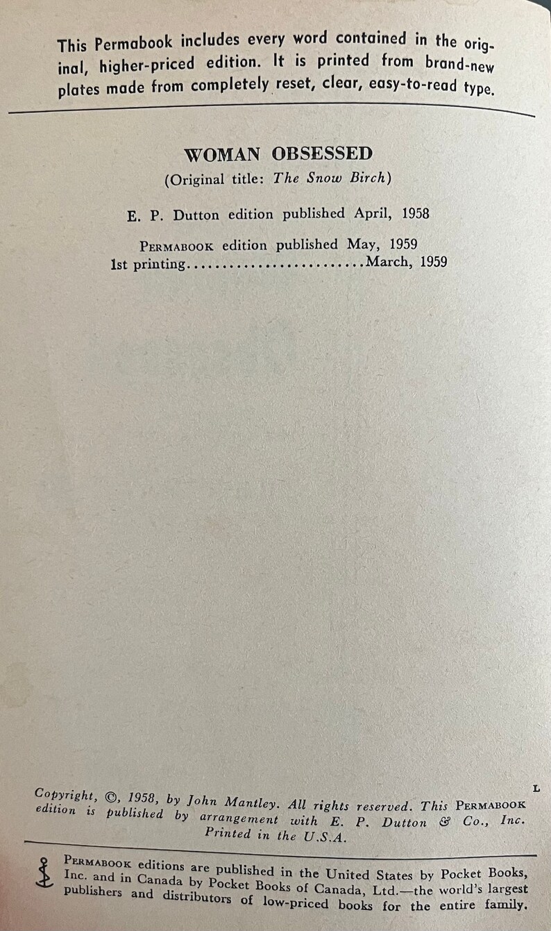 May include: A black and white image of a book cover with the title "WOMAN OBSESSED" in bold, white letters. The subtitle is "(Original title: The Snow Birch)". The cover also includes publication details for the original edition and the Permabook edition.