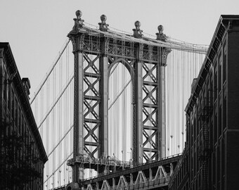 Vertical Photo of Manhattan Bridge in Dumbo, Brooklyn | Black + White NYC Travel Print | New York City Architecture | Empire State Building