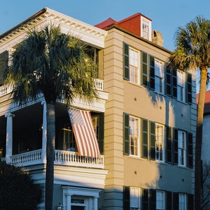 American Flag hanging from House in Charleston, South Carolina | Charleston Travel Print | The Battery in Charleston, South Carolina | Flag