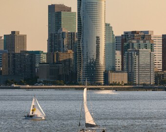 Vertical Photo of Sailboats on The Hudson River | Jersey City Skyline | Sailboat Print | Hudson River Travel Photography | New York City |