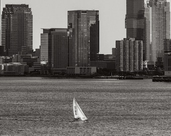 Vertical Black + White Photo of Sailboats on The Hudson River | Jersey City Skyline | Sailboat Print | Hudson River Travel Photography | NY