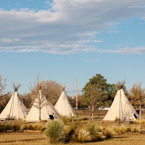 Puede incluir: Cuatro tipis blancos están instalados en un campo con un cielo azul y nubes blancas. Los tipis están hechos de lona y tienen postes de madera. Hay árboles en el fondo.