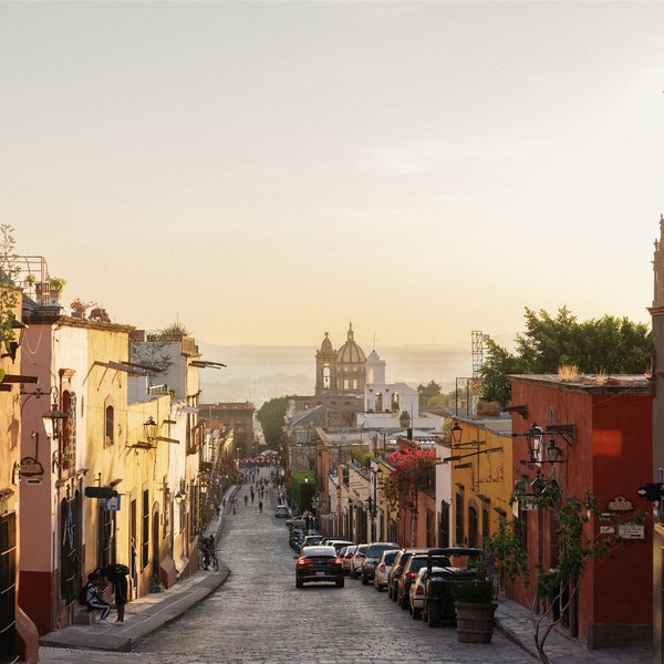 Sunset Street Scene San Miguel de Allende Mexico Print Wall Art Travel Architecture City Life Photo Sunset Photography Orange Blue Sky Glow