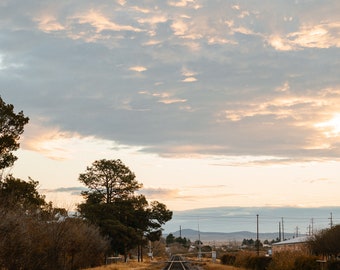 Vertical Photo of Marfa Sunrise + Texas Railroad | West Texas Sunrise With Clouds | West Texas Railroad | West Texas Landscape | Texas Sky