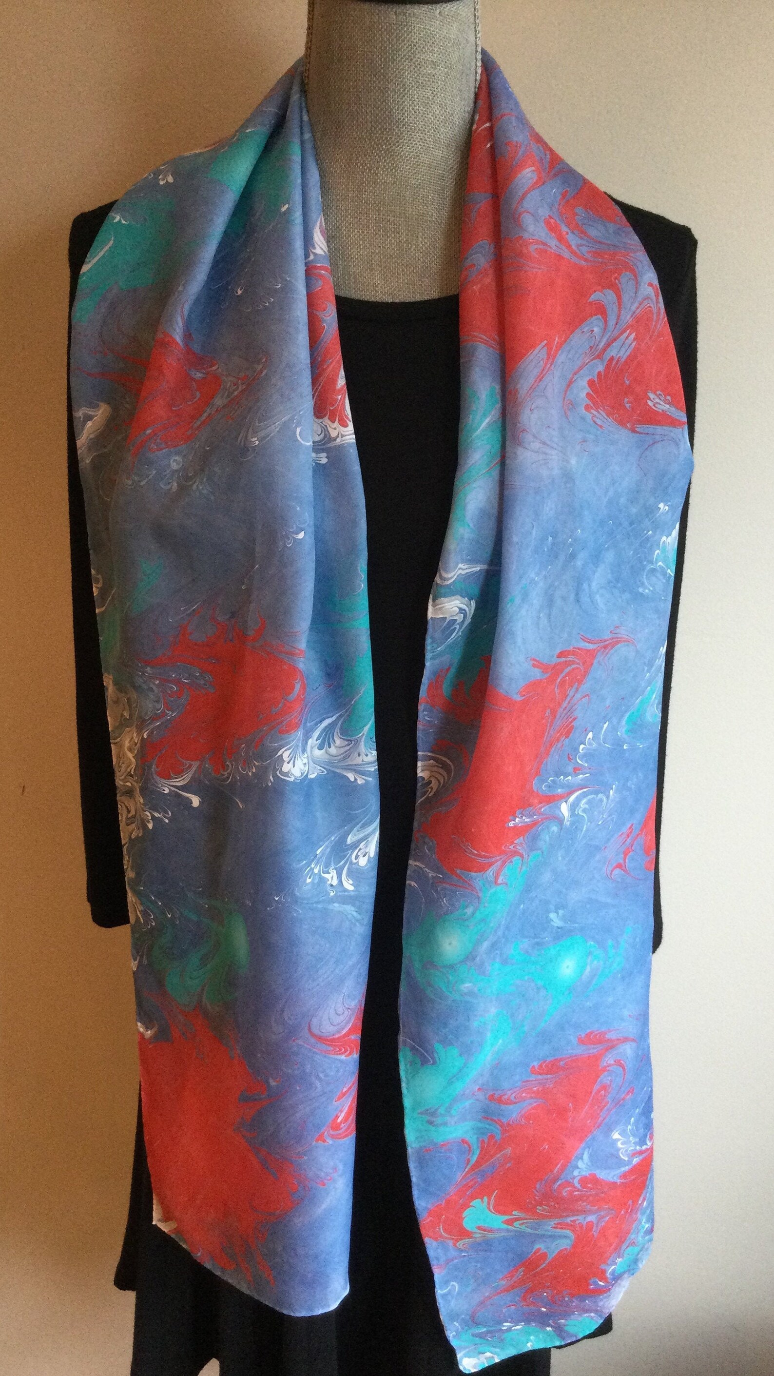 Handmade, Water Marbled Scarf, Silk, One of a Kind, Etsy