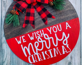 We Wish You A Merry Christmas door hanger, 12” Christmas door wreath, Christmas door decor, Round Christmas sign, Happy Holidays