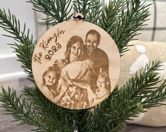 Engraved Family Photo, Holiday Photo, Christmas Card Engraved, Photo Ornament, Custom Photo Wood Ornament, Personalized Christmas Ornament