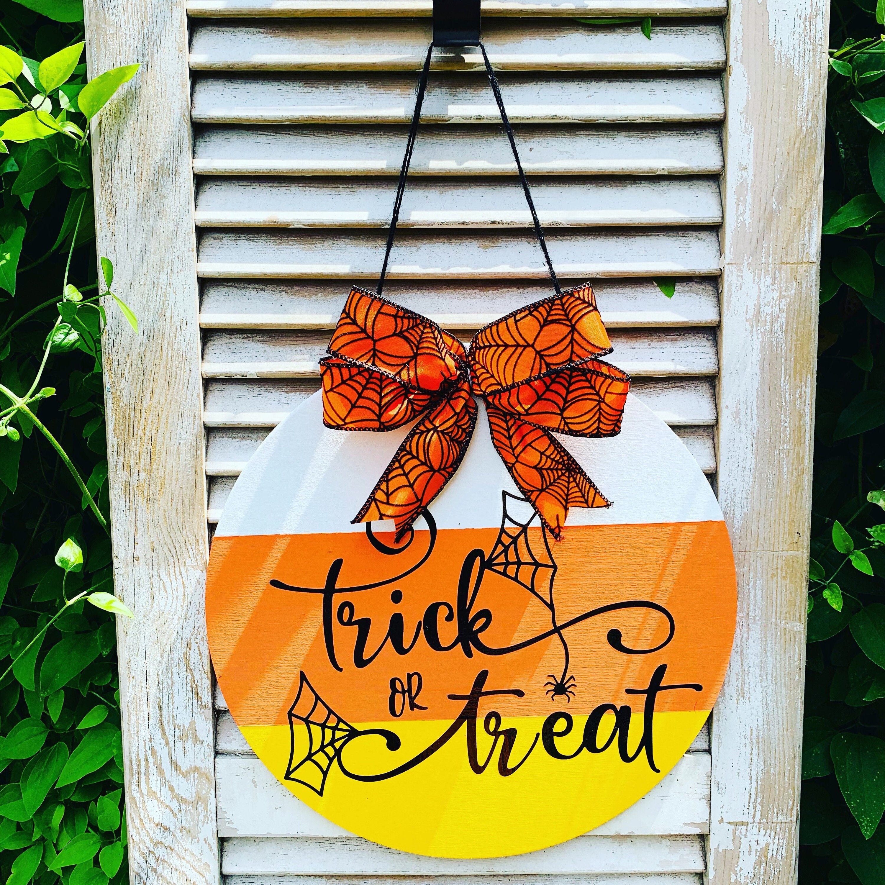 Trick or Treat Halloween Door Hanger, Halloween Door Sign, Candy Corn ...