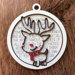 Ornamento di renna SVG, testo della renna di Natale inciso segno verbale, file di taglio digitale, laser legno SVG, modello di taglio Glowforge