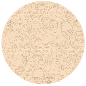 May include: A circular design featuring a variety of Easter-themed illustrations, including bunnies, chicks, eggs, baskets, flowers, and butterflies. The illustrations are drawn in a simple, line-art style.