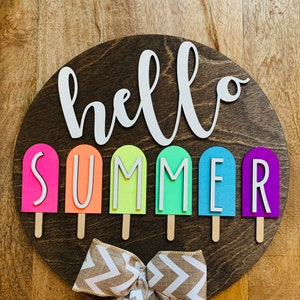 18&quot; 3D Laser Cut Hello Summer Door Hanger, Popsicle Hello Summer Sign, Front Door Sign, Popsicles, Summer Wreath for Front Door