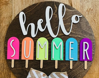3D Laser Cut Hello Summer Door Hanger, Popsicle Hello Summer Sign, Front Door Sign, Popsicles, 12" Summer Wreath for Front Door