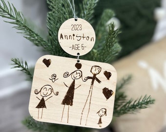 Child's Hand Drawn Family Ornament, Family Picture, Child's Photo, Custom Christmas Ornament, Kid's Family Picture Ornament, Laser Engraved
