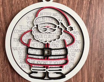 Santa Claus Ornament SVG, Christmas Santa Claus Lyrics Engraved Word Sign, Digital Cut File, Laser Wood SVG, cutting template Glowforge