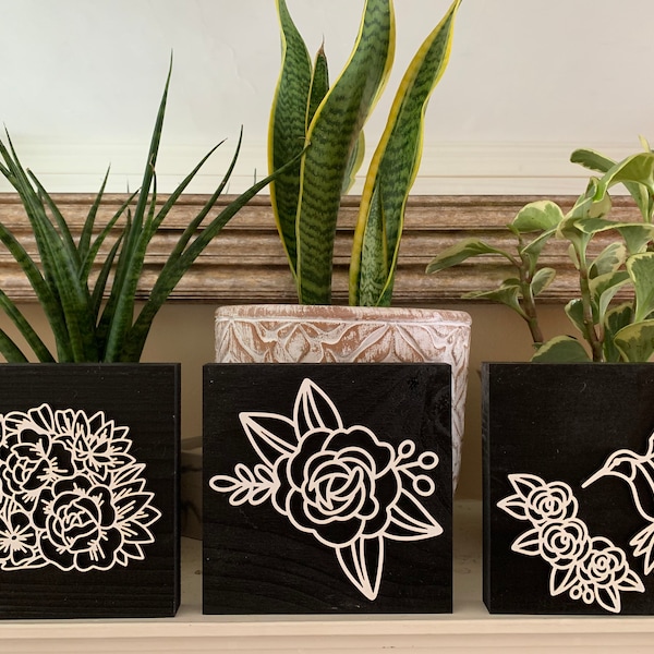 Wooden Block 3D Floral Art, Hummingbird Mantle Decor, Hedgehog Mantel Decor, Line Art, 3D Laser Cut Wall Art, Block Mantel Decor