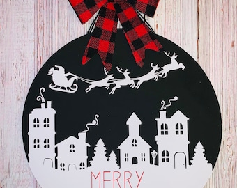 Merry Christmas door hanger, 12” Christmas door wreath, Christmas door decor, Round Christmas sign, Happy Holidays