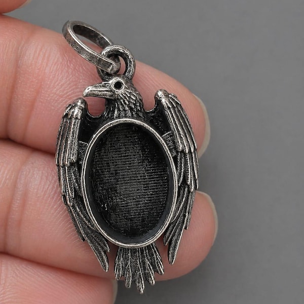 Raven Pendant Necklace, Crow Jewelry, Oval Bezel Charm, Oxidized Silver Dark Fantasy Pendant