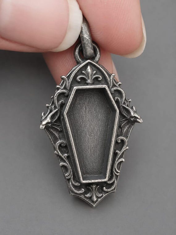 Gothic Coffin Pendant Blank Brass Alloy | Dragon Open Bezel Charm | Antique Silver Gothic Jewelry Finding